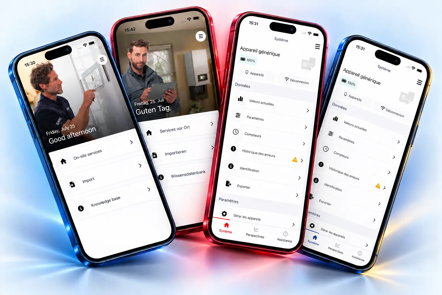 Vier Pro app-schermen in een waaier, met blauwe, rode en donkerblauwe merkaccenten